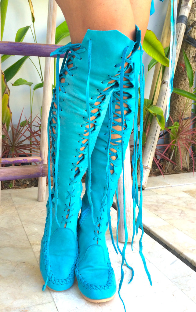 turquoise knee high boots