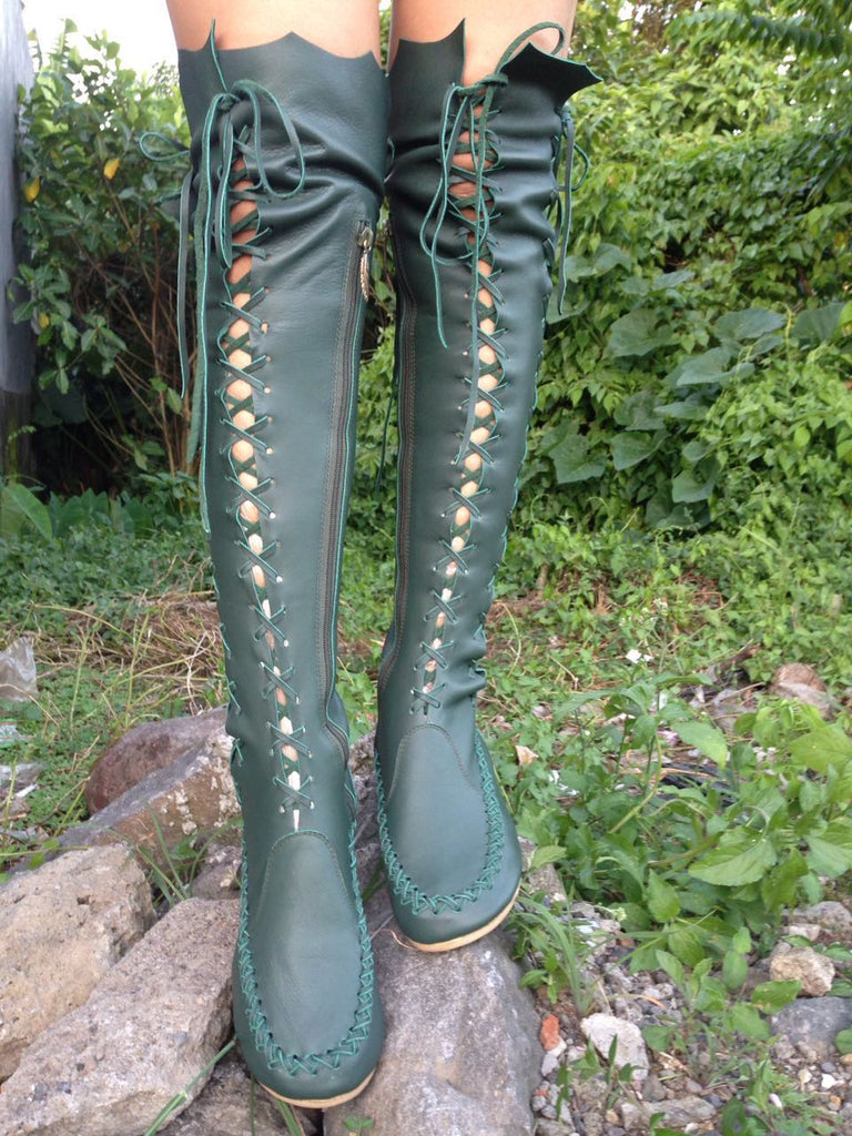 Leather Boots – Dark Green Knee High Leather Boots | Gipsy Dharma