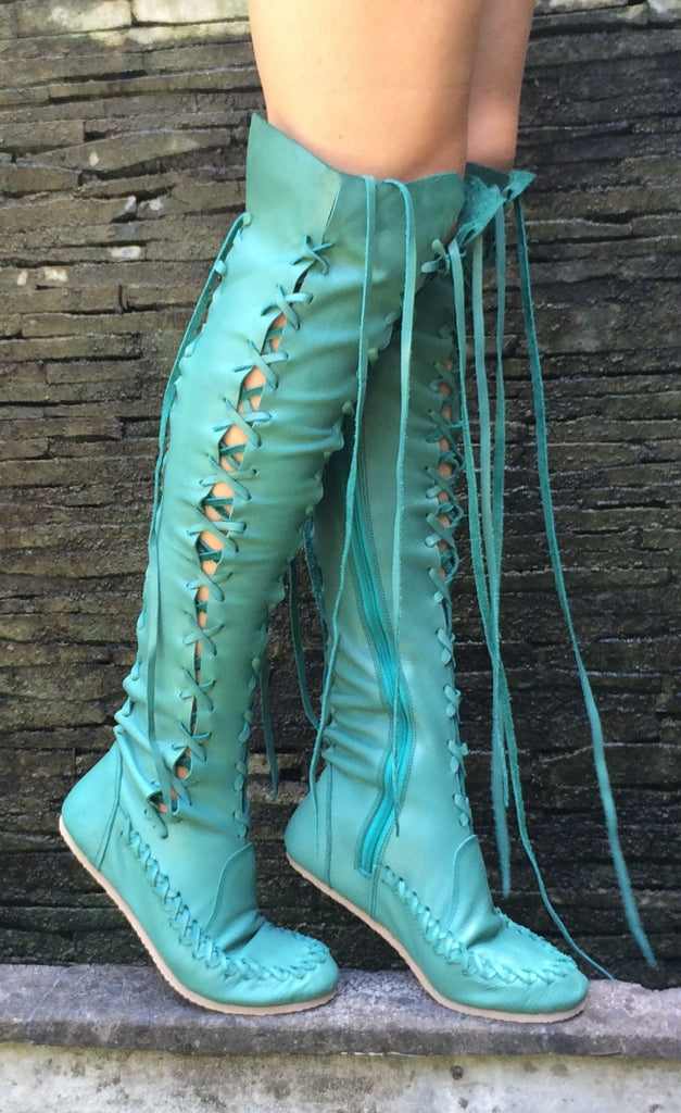 teal leather boots