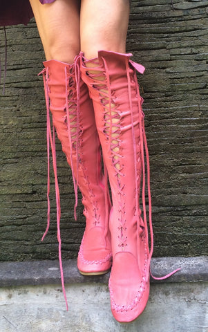 Leather Boots – Coral Pink Knee High Leather Boots For Women | Gips...