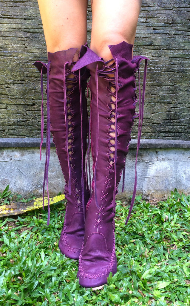 Plum Knee High Leather Boots For Women 