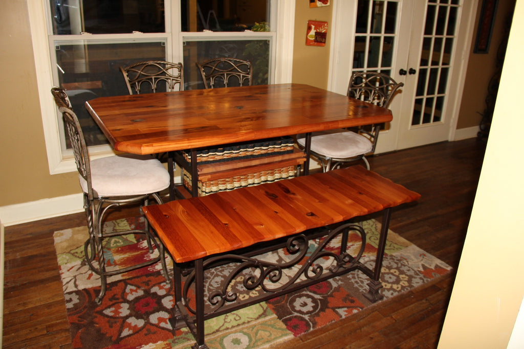  Table  40x60  distressed mahogany sq steel frame w bench 