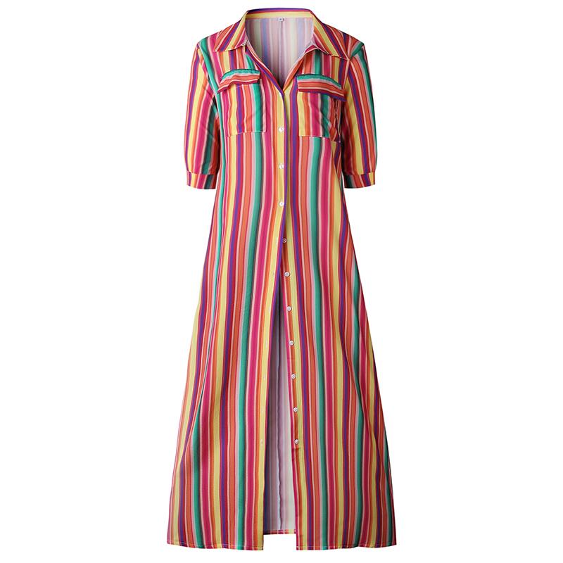 button down collar stripes half sleeve maxi dresses