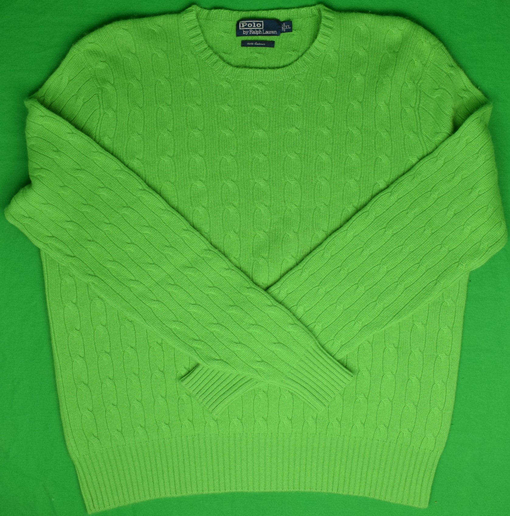 Polo by Ralph Lauren Apple Green 100% Cashmere Cable Crew Neck Sweater