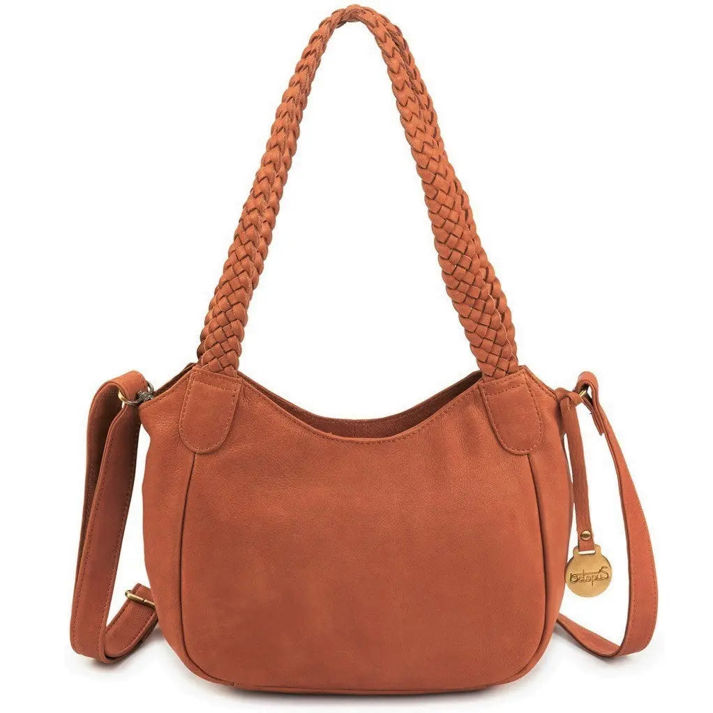 Billede af Style Lucca: Lædertaske i cognac-brun. Skøn skulder- og crossbody skindtaske m. flot flettet håndrem