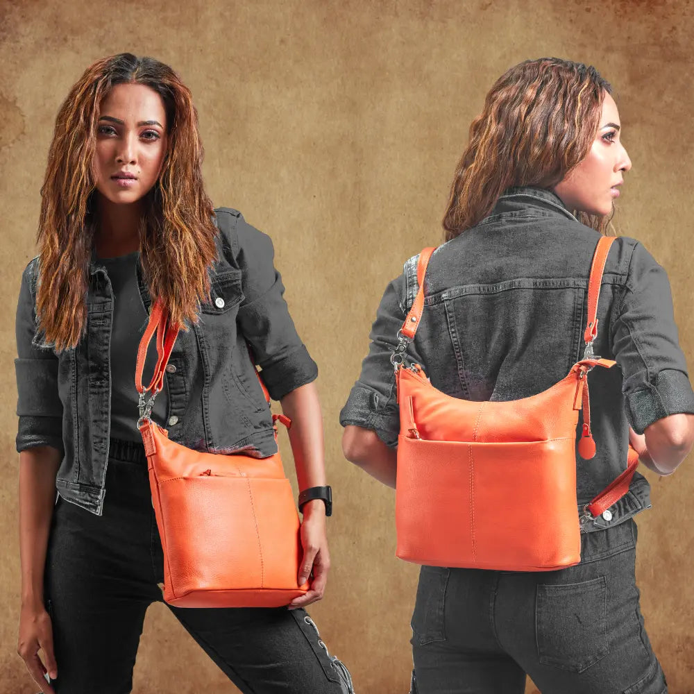 Se Style Malawi i fantastisk smuk orange læder. Fed kombineret rygsæk, skulder- og crossbodytaske hos Octopus Denmark