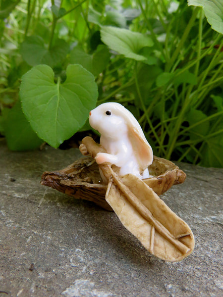 Miniature Woodland Bunny Rabbit with Paddle in Boat-Fairy 