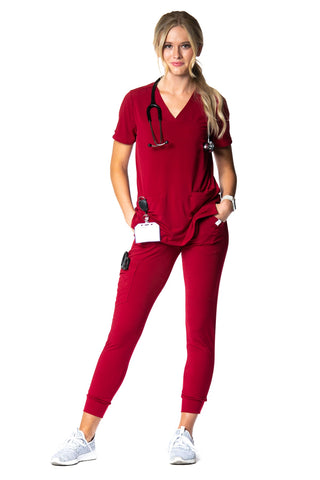 Girl wearing red scrubs