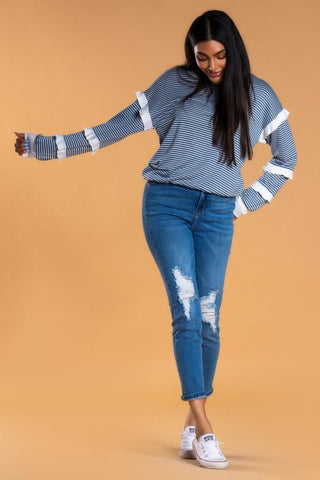 Striped Ruffle Sleeve Sweatshirt in Denim Blue