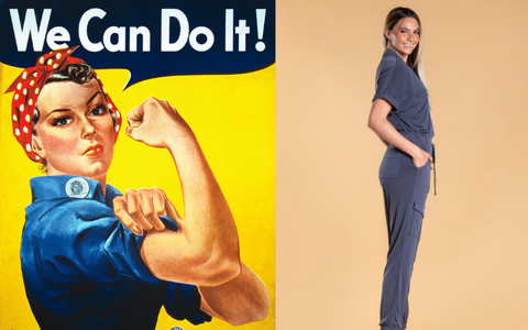 Rosie the Riveter image side by side with girl in cargo jumper