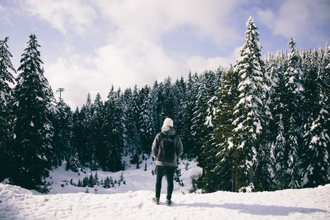 Person hiking on snowy trail in mountains