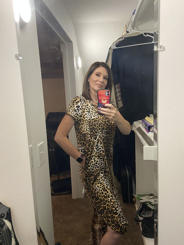 Women posing for photo in leopard pocket maxi dress