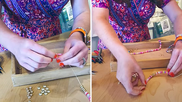 Stringing polymer clay beads onto wire to make earrings