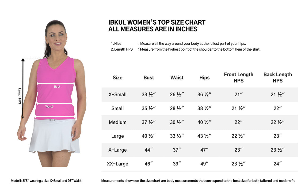 IBKUL Women's Solid Tennis Tank Top Size Chart