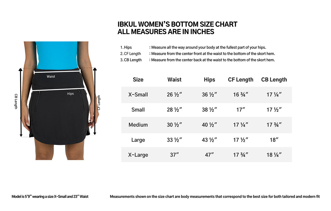 IBKUL Women's Solid 17 1/2 in Straight Skort Size Chart 