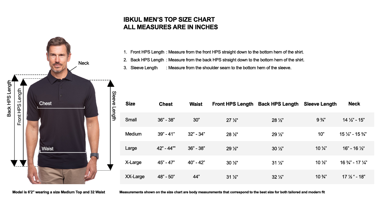IBKUL Mens Short Sleeve Polo Size Chart