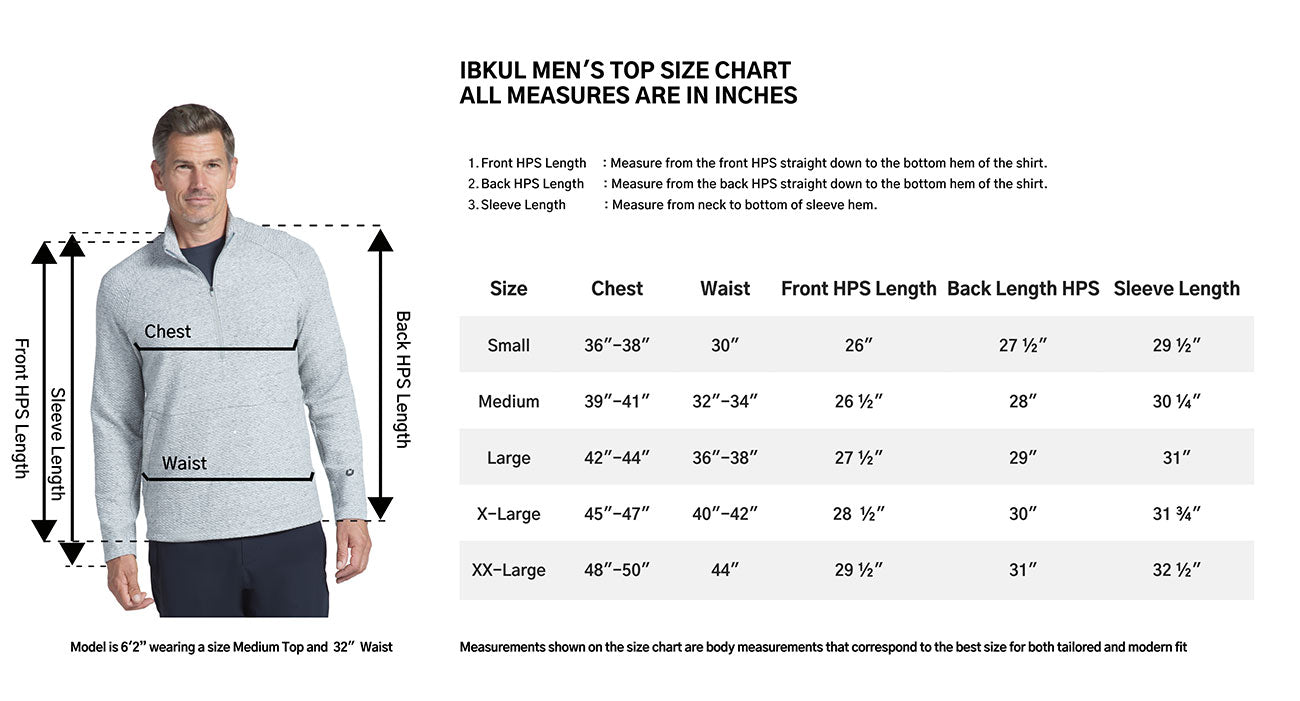 IBKUL Mens Solid Popcorn Stitch Zip Mock Pullover Size Chart