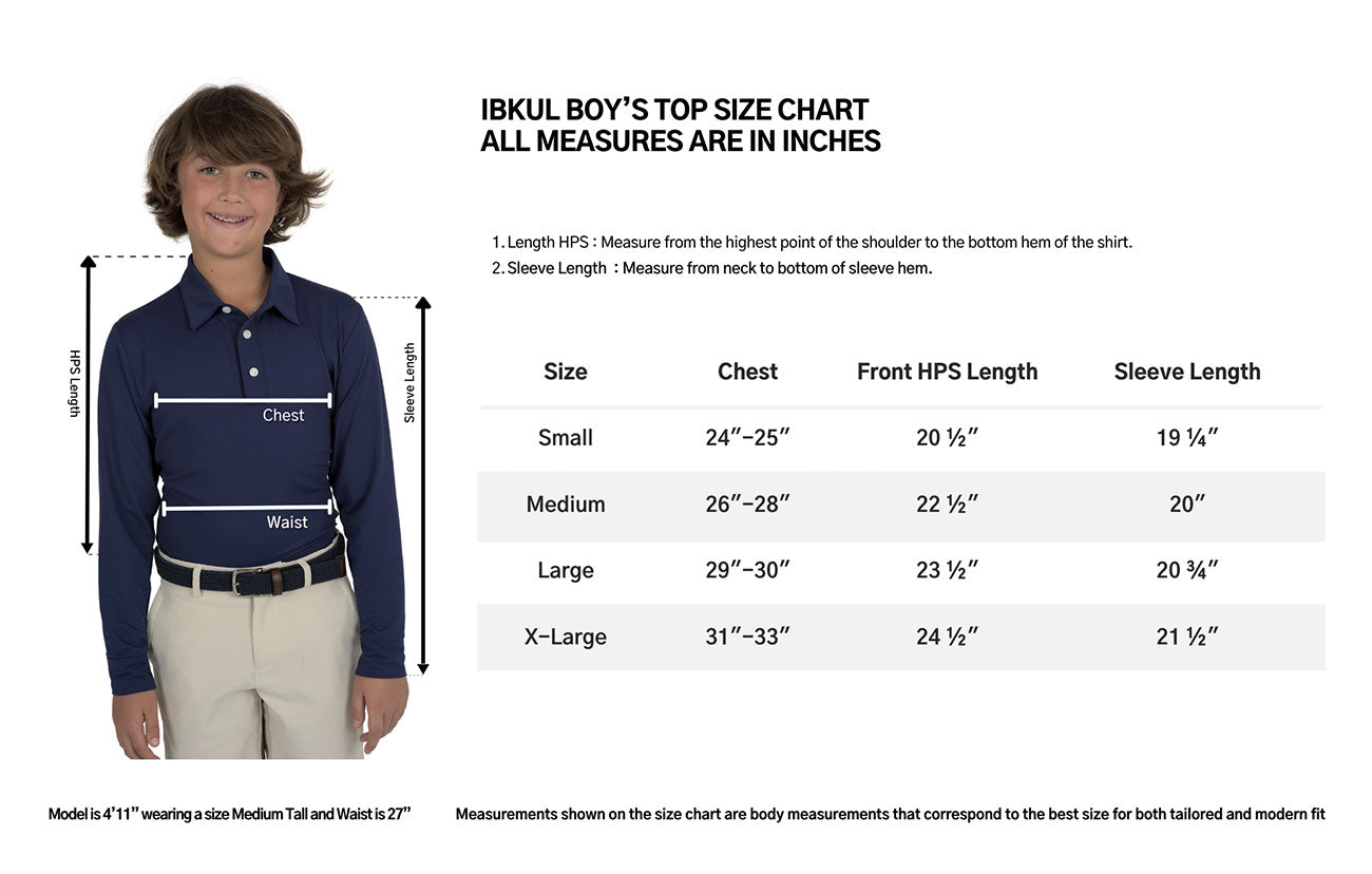 IBKUL Boys 95199B Solid Long Sleeve Polo Top Size Chart