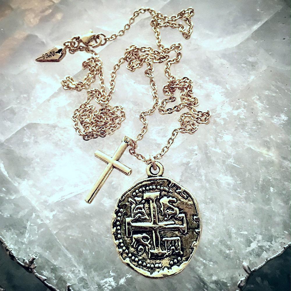 Old Spanish Gold Coin Pendant Christian Cross Necklace Stainless Chain ...