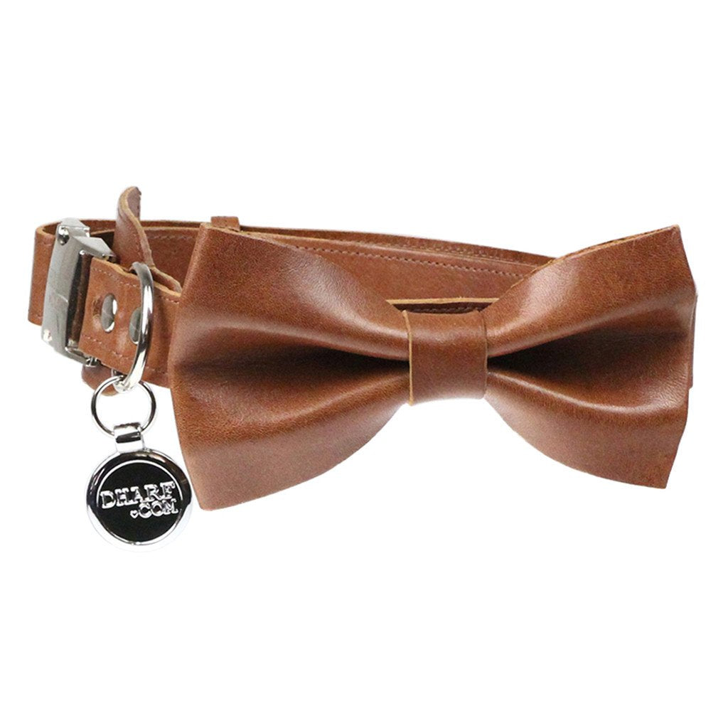 Leather Dog Bow Tie and Collar Set - Whisky Brown