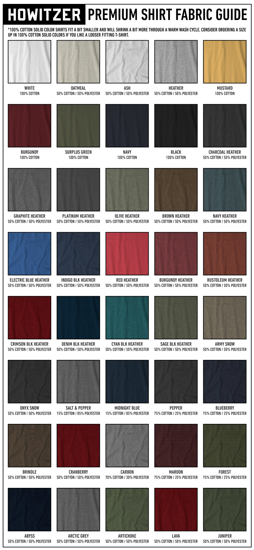 howitzer fabric guide on color blends and cotton or polyester composition