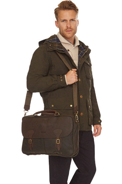 barbour wax cotton and leather trim satchel