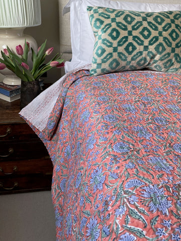 coral orange blue cornflower patterned floral bedspread kantha quilt bedcover comforter cotton