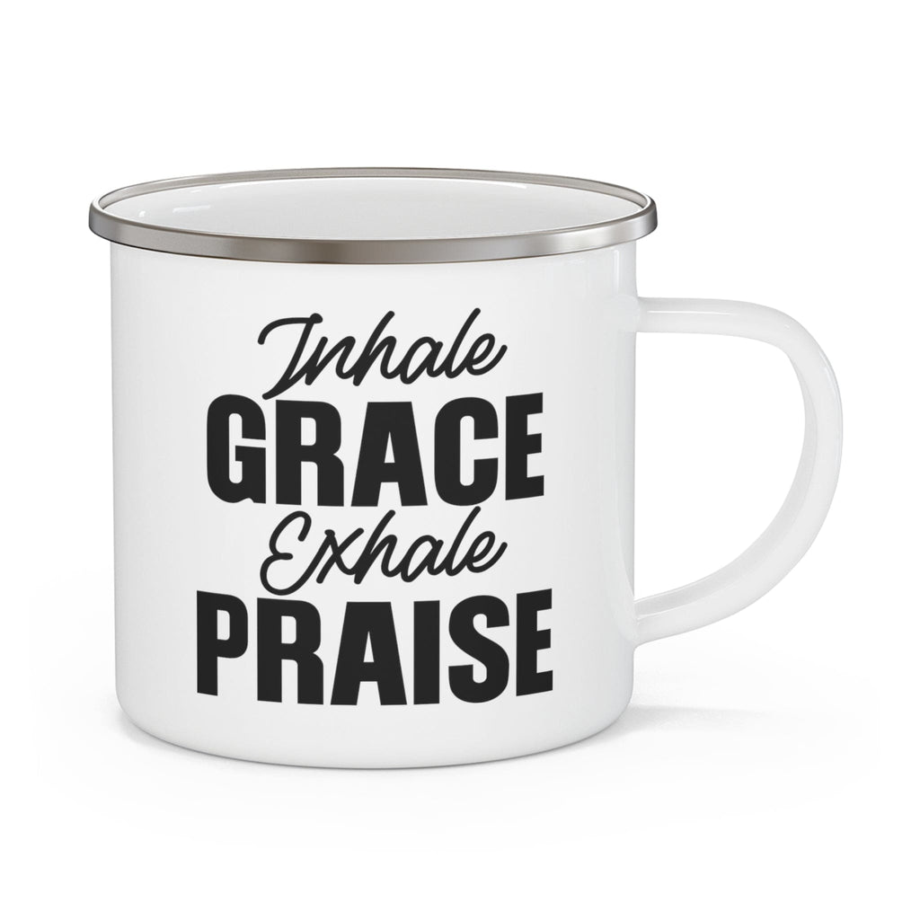 white-enamel-mug-for-school-work-travel-12oz-inhale-grace-exhale-praise-christian-inspiration