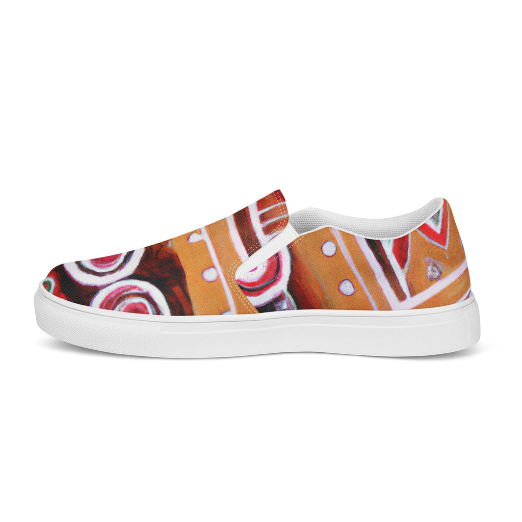 womens-slip-on-canvas-shoes-brown-orange-green-aztec-pattern