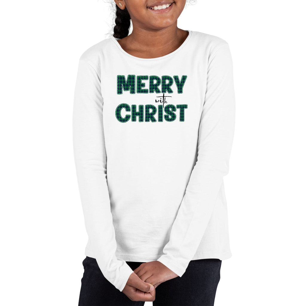 girls-long-sleeve-t-shirt-merry-with-christ-green-plaid-christmas