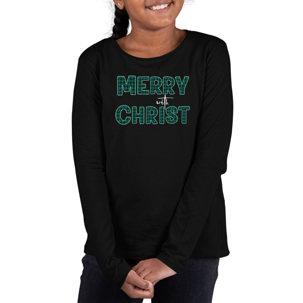 girls-long-sleeve-t-shirt-merry-with-christ-green-plaid-christmas-1