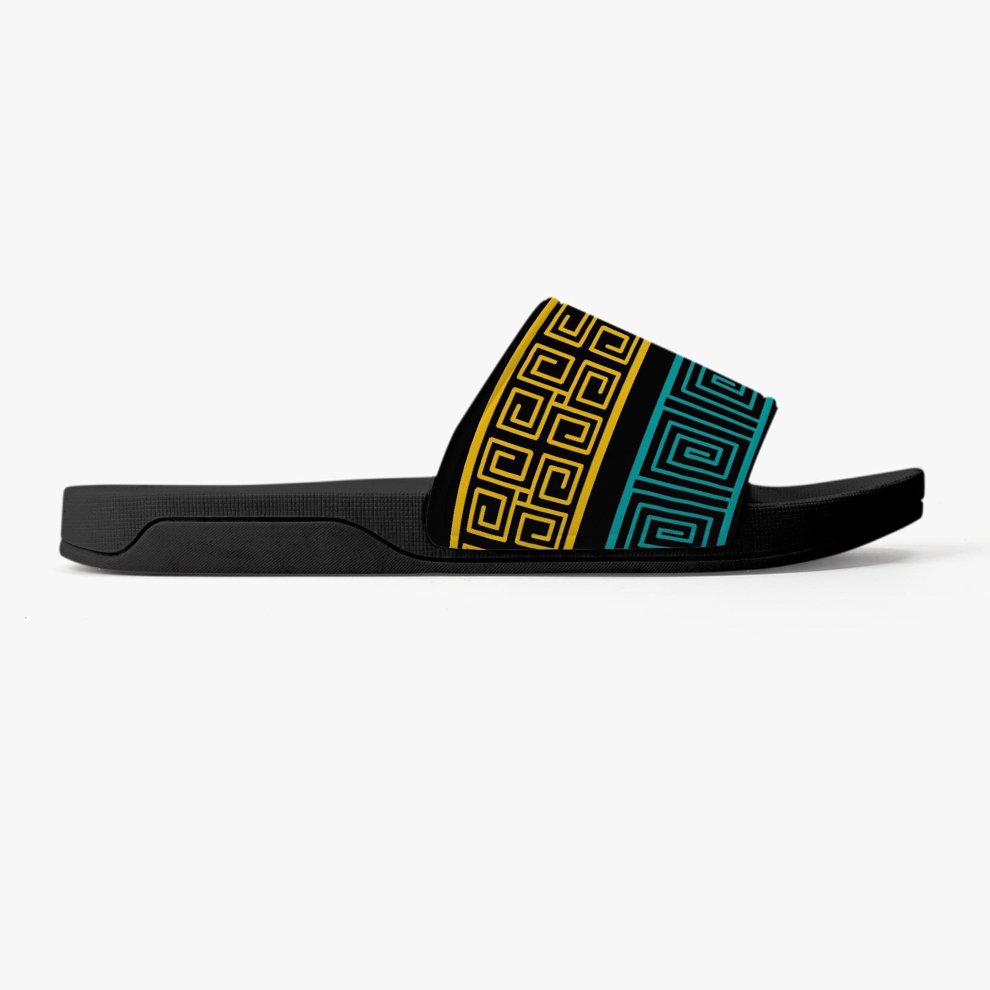 Womens Slide Sandals, Blue and Yellow Geometric Print