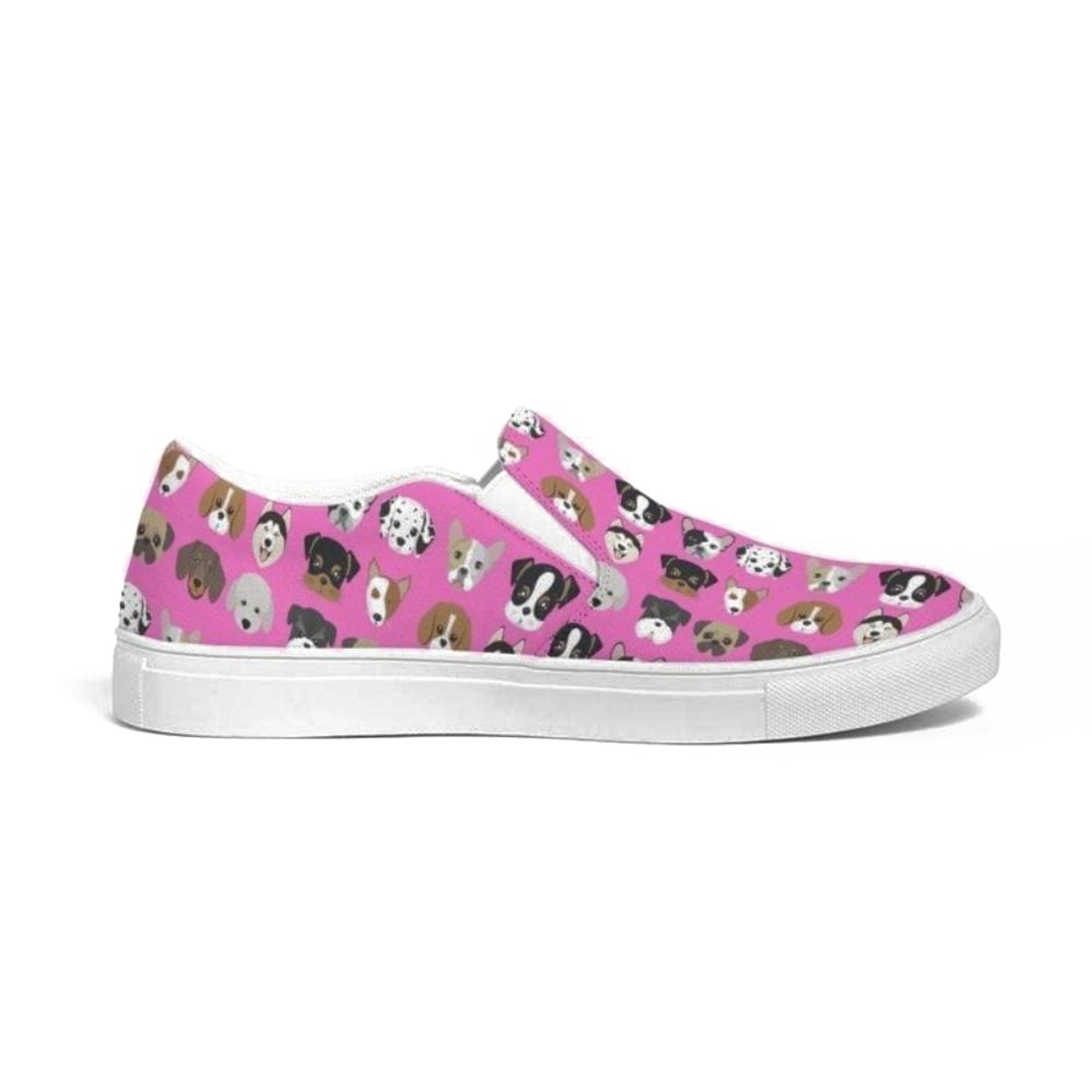 Womens Sneakers - Canvas Slip Ons, Pink Doggie Love Print