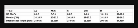 Them 909 New Sizes skate fit chart