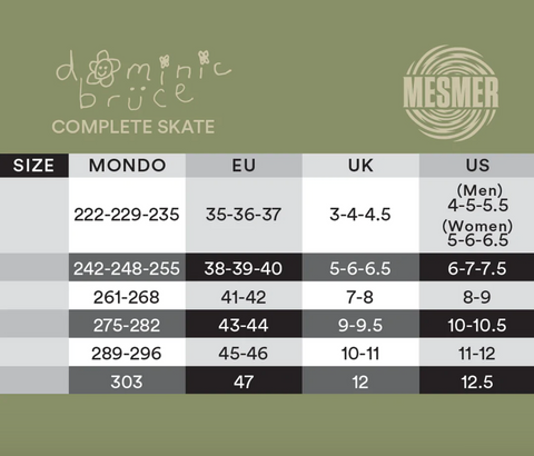 Mesmer Dom Bruce inline skates sizing chart