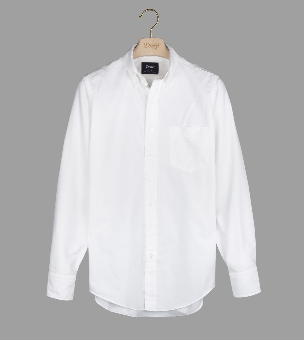 Drake's White Oxford Regular Fit Shirt with Button Down Collar