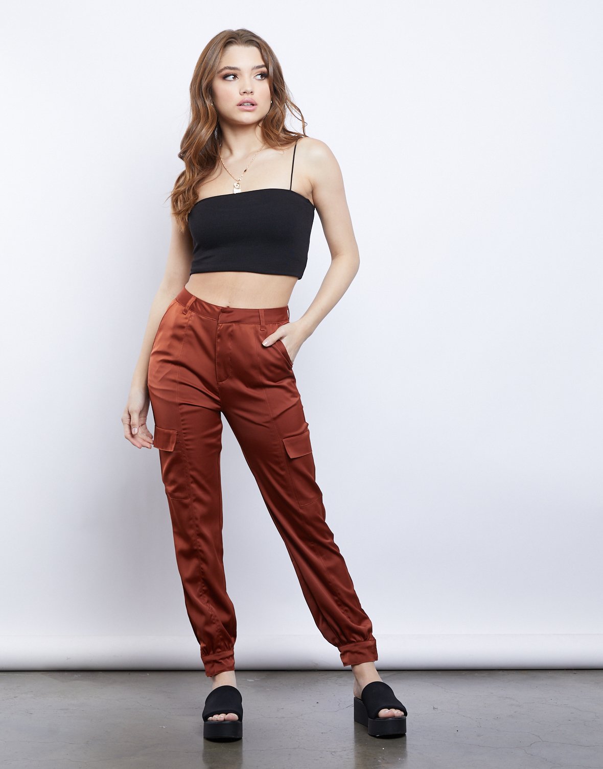 red satin cargo pants