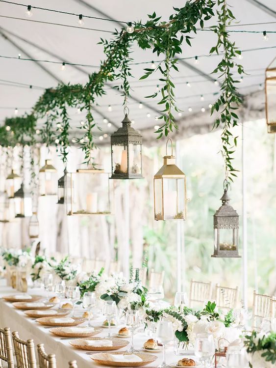 Wedding Greenery Decor with Hanging Lights — the bohemian wedding