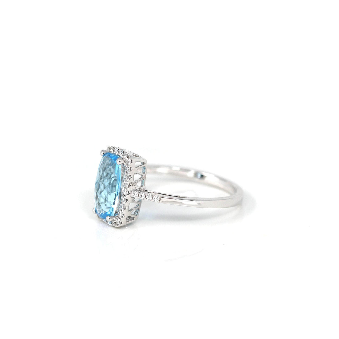 14k White Gold Genuine Swiss Blue Topaz Ring with Diamonds