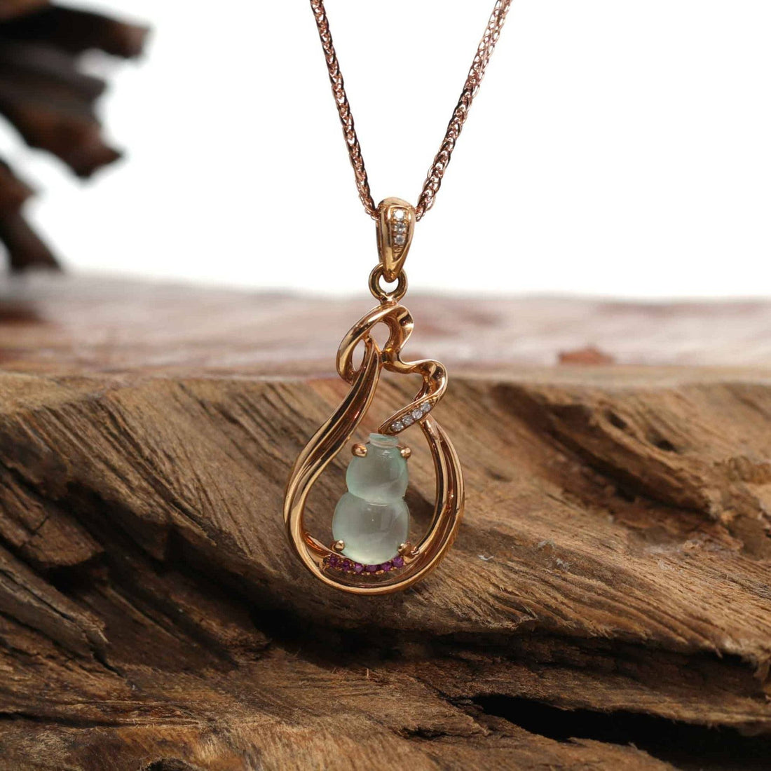 18K Rose Gold Ice Jadeite Jade Hulu Necklace with Diamonds