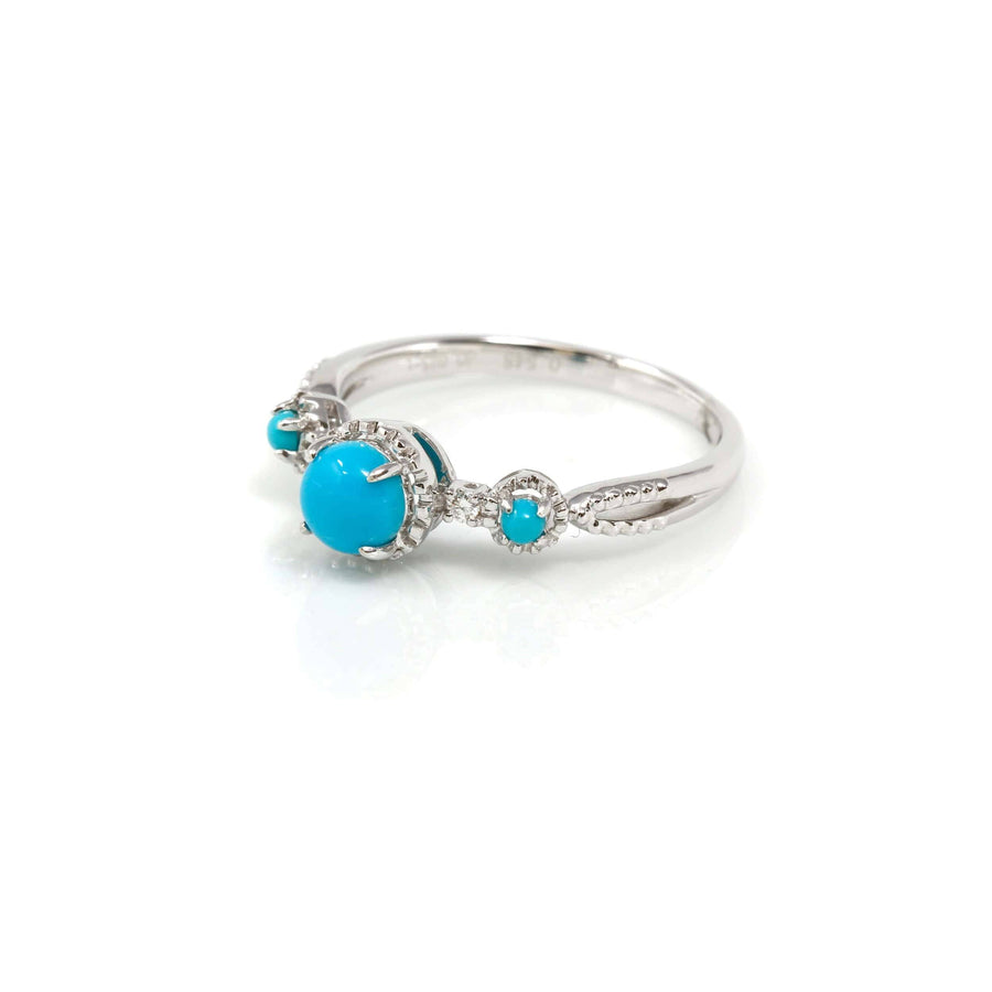 Baikalla™ "Helena" 18k White Solid Gold Genuine Persian Blue 3 Stone Arizona Turquoise Diamonds Ring-Baikalla Happy Valley Oregon