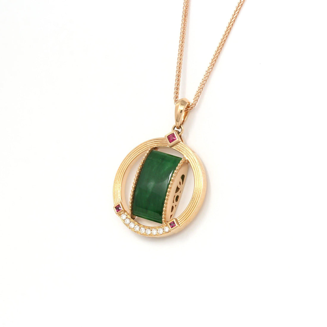 18k Rose Gold Genuine Burmese Jadeite Pendant Necklace With Diamond & Ruby-Baikalla Happy Valley Oregon