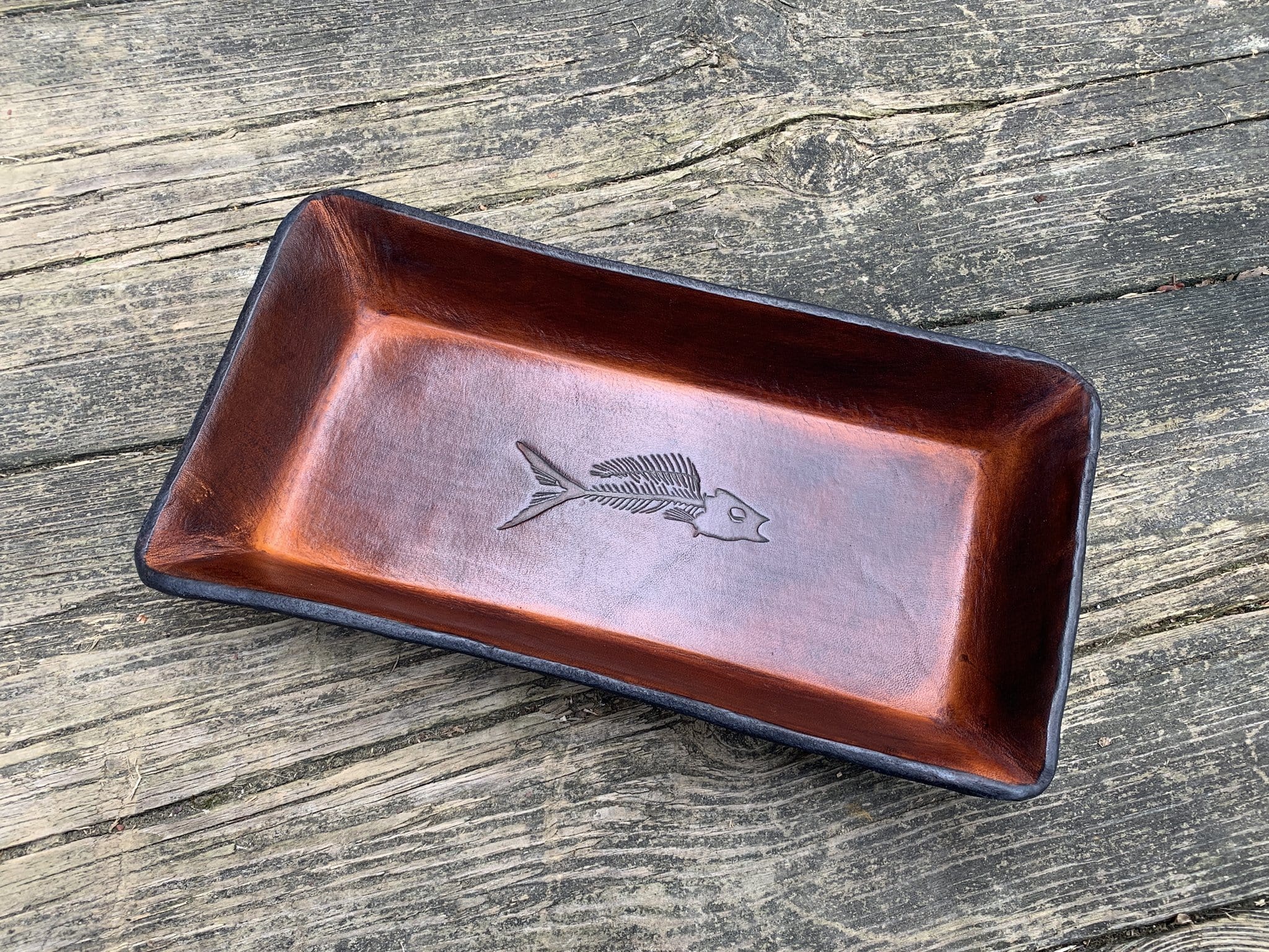 Fossil Fish Leather Desk Organizer Tray Timber Brown Four