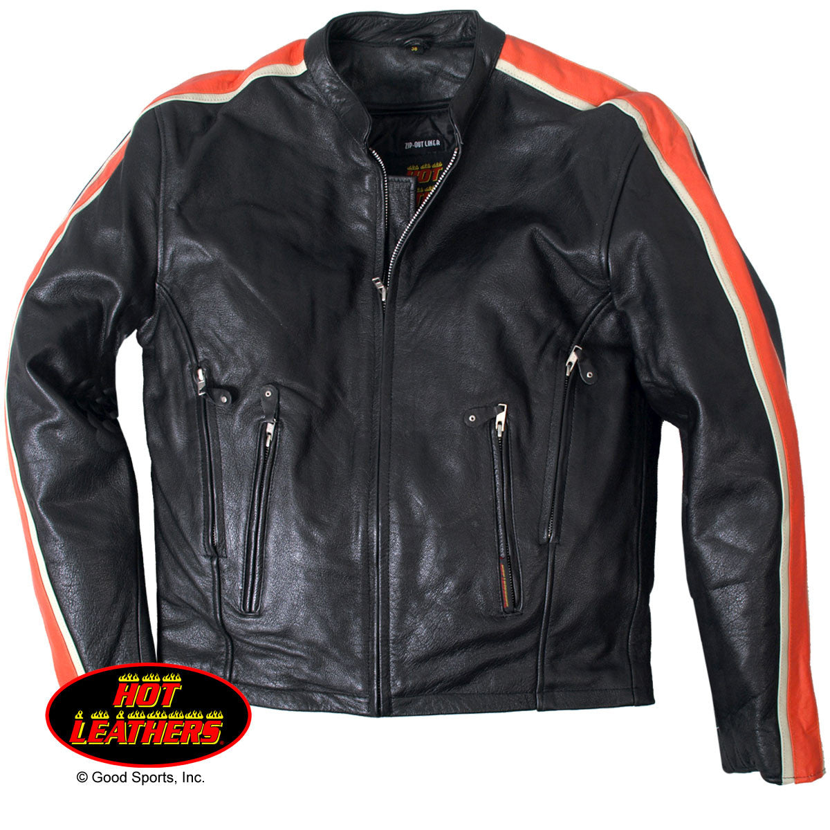Men's Leather Jacket with Orange & Cream Arm Stripes | Maine-Line Leather