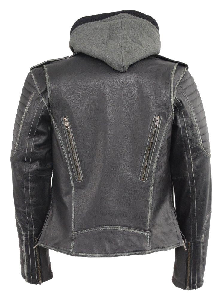 Ladies Distressed Gray Leather Motorcycle Jacket w Removable Hoodie ...