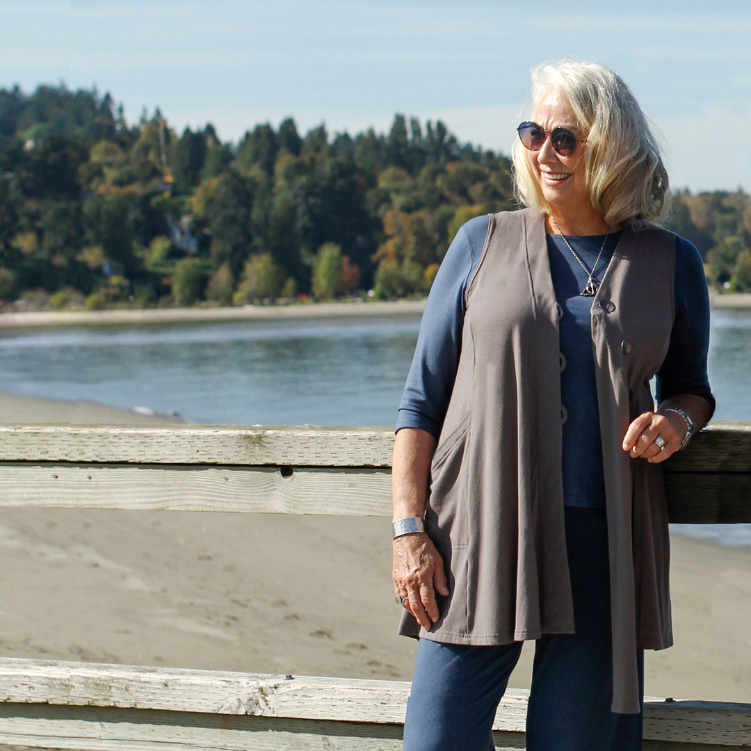 A Diane Kennedy model wears the Adapt-a-Vest at the beach