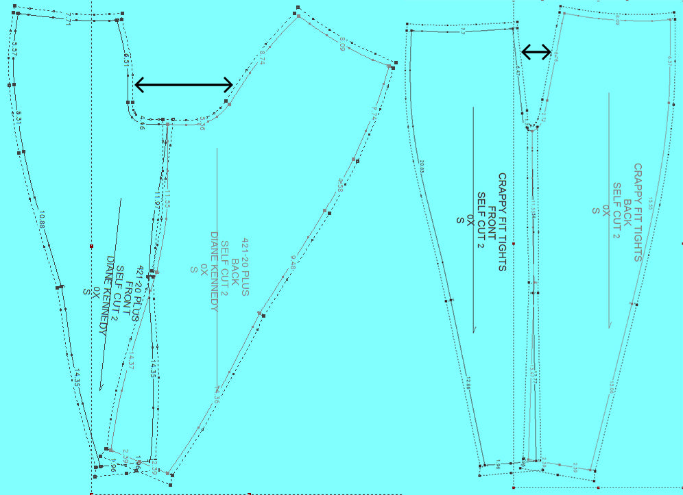 A comparison of legging pattern showing the crotch