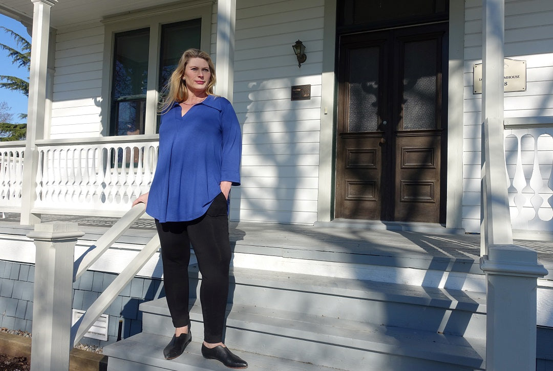 Model wear Diane Kennedy Bamboo shirt at London Heritage Farmhouse near Steveston on South Dyke Road