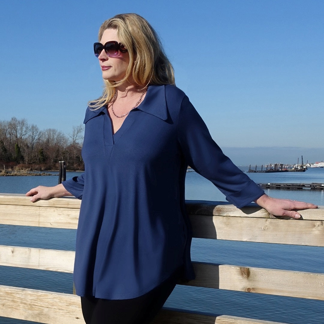 Plus size model wears a royal blue Smart Shirt by Canadian designer Diane Kennedy