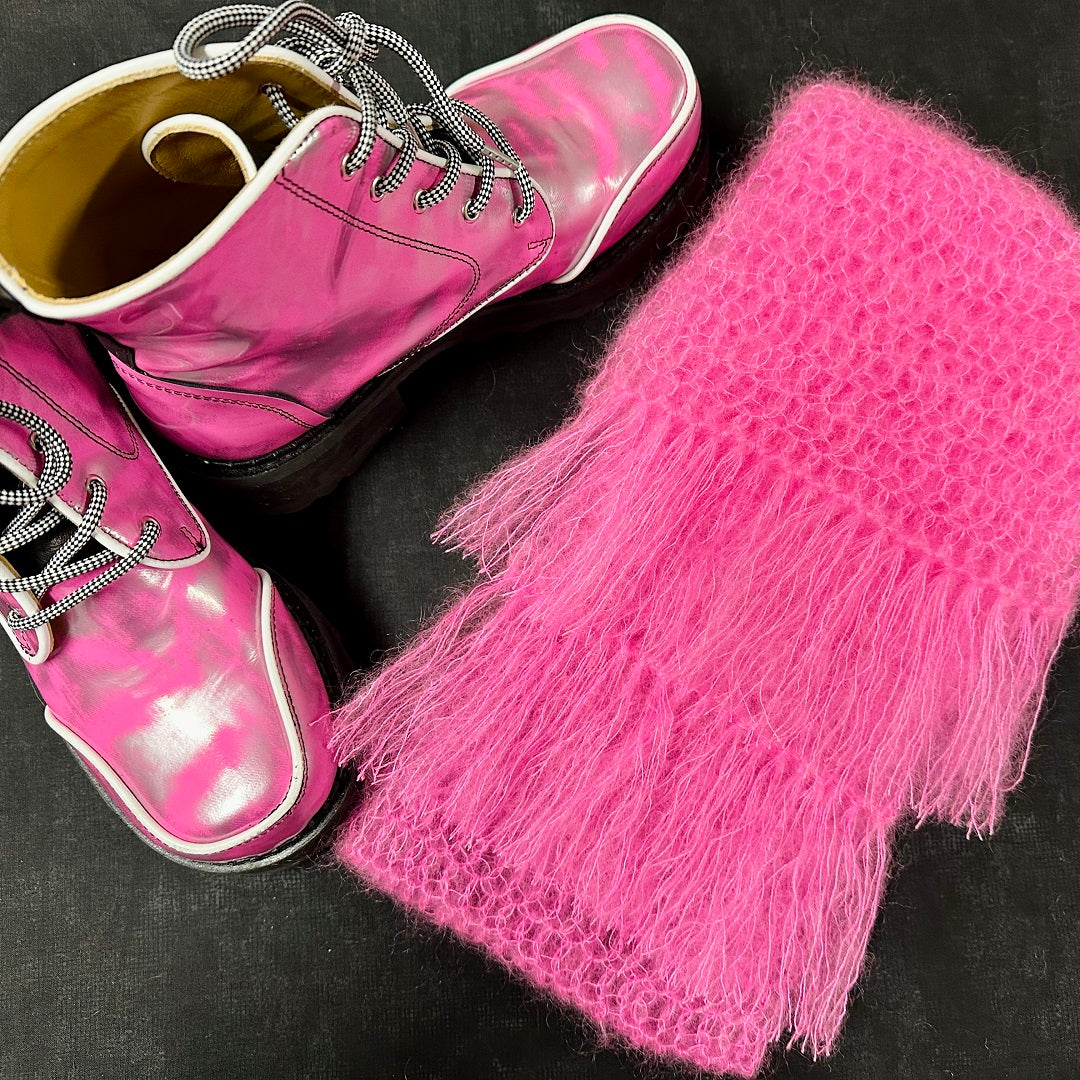 Pink Fluevog boots with a pink mohair scarf